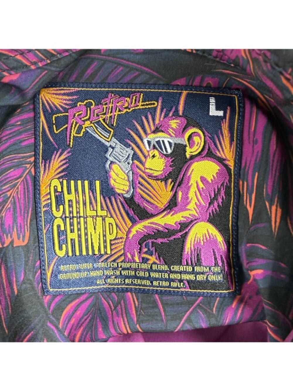 Retro Rifle Shirt Mens Large Chill Chimp Button Up Short Sleeve Tropical AOP - Picture 2 of 11